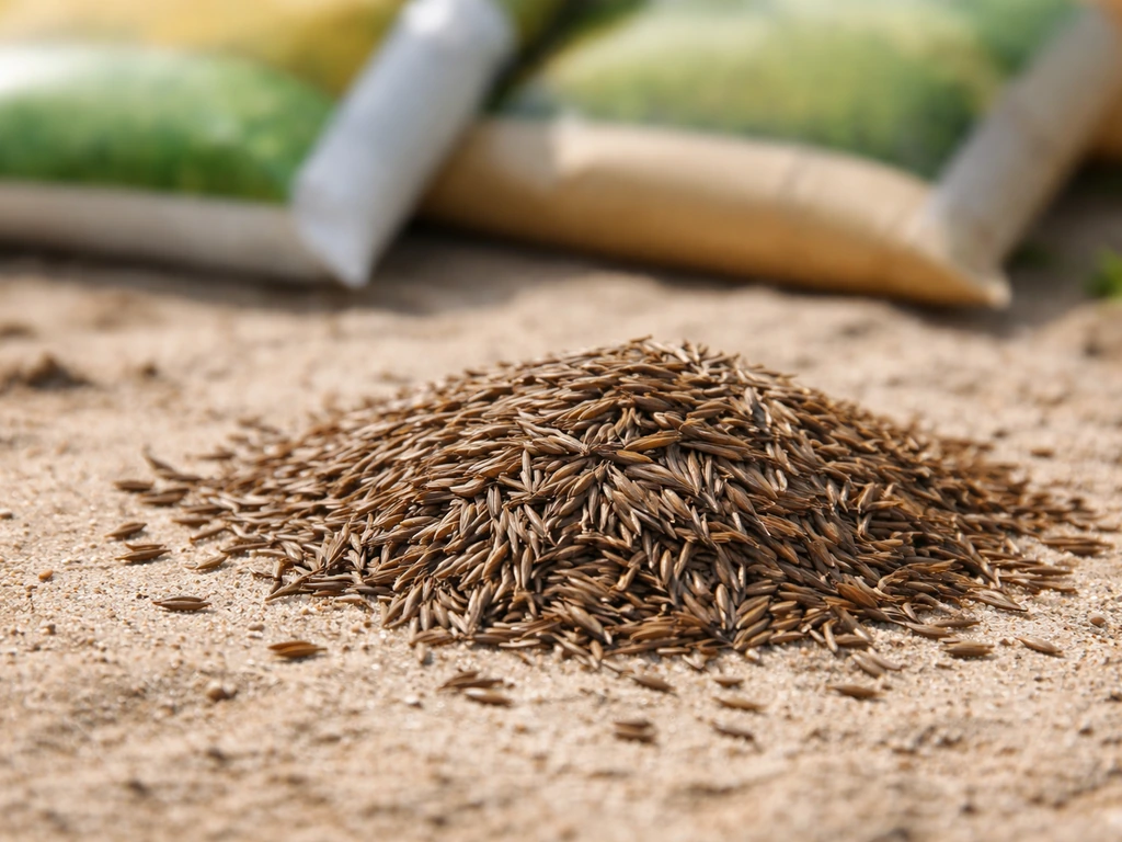Close-up van graszaden op zand, met onscherpe zaadzakjes op de achtergrond, geen leesbare tekst.