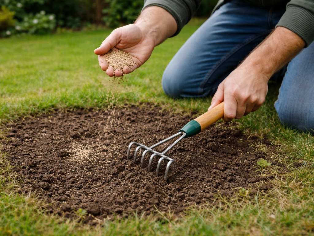 Iemand krabt een kale plek open en strooit graszaad op de opengewerkte grond in het gazon.