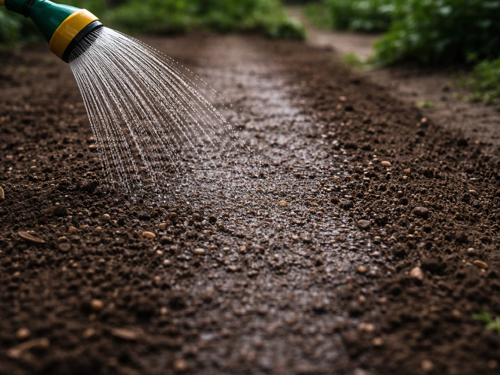 Fijne sproeier die net ingezaaide strook gelijkmatig besproeit na het zaaien