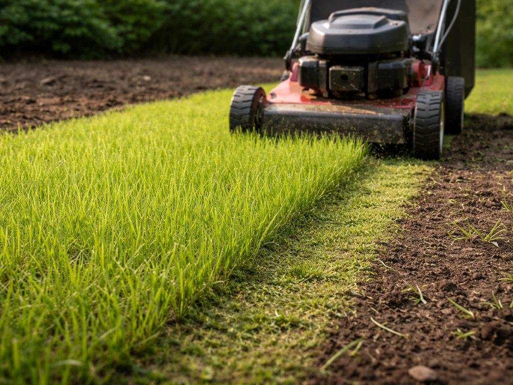 Een maaimachine die nieuw ingezaaid gazon veilig maait, met opkomend gras rond 8 cm hoog.