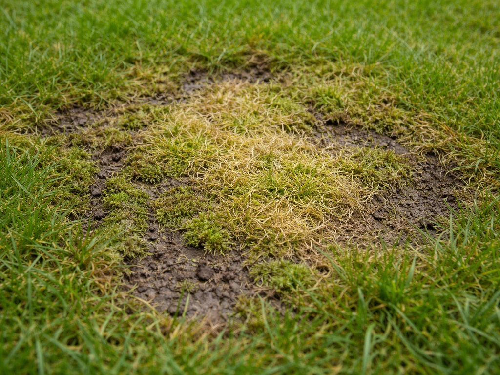 Close-up van een geel dun grasplekje in Engels gras met mos en een viltachtige laag.
