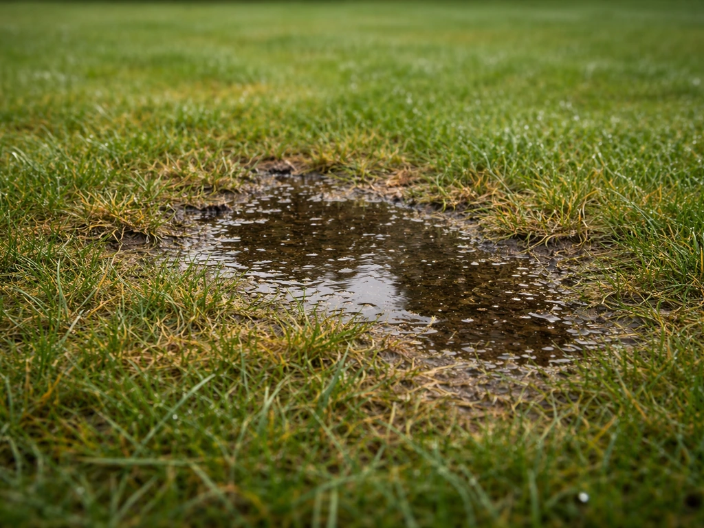 Natte, lang vochtige plek in een gazon met verkleurd gras, zichtbaar na regen als teken van slechte afwatering.