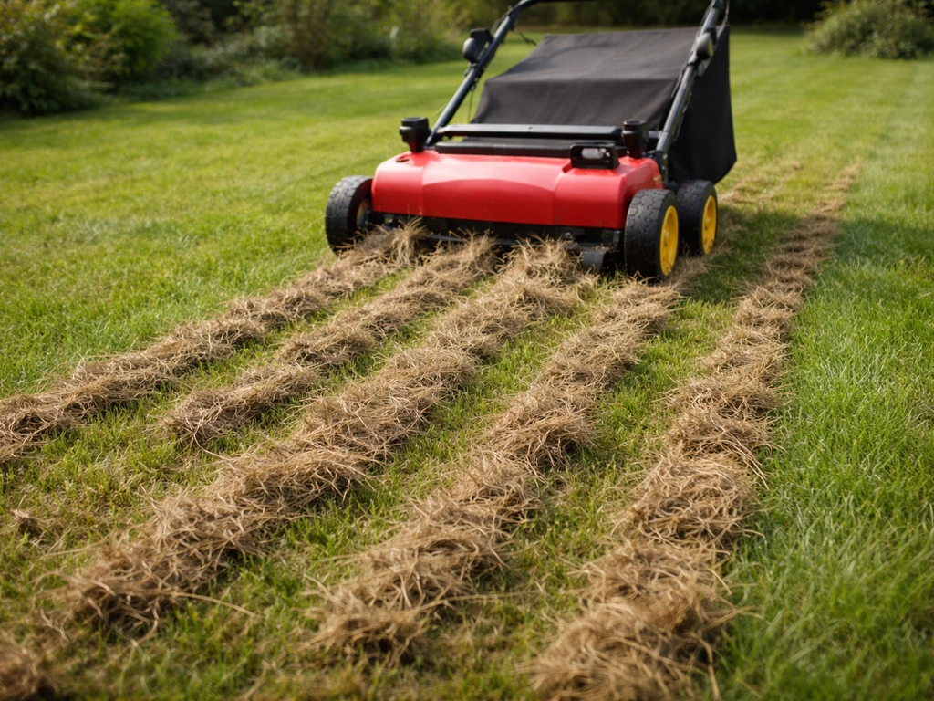 Iemand verticuteert een gazon met een verticuteermachine; los vilt en maaisel liggen zichtbaar tussen de banen.