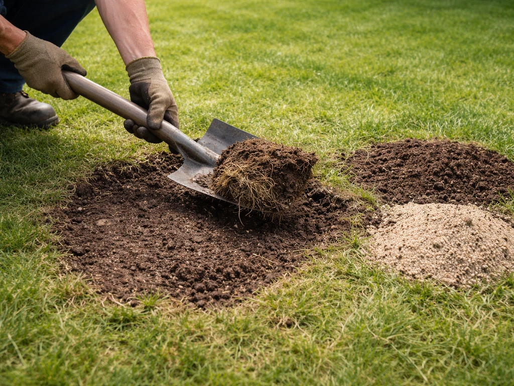 Hand met spade schept afgestorven graszode weg en vult kale plek met verse tuinaarde in de tuin