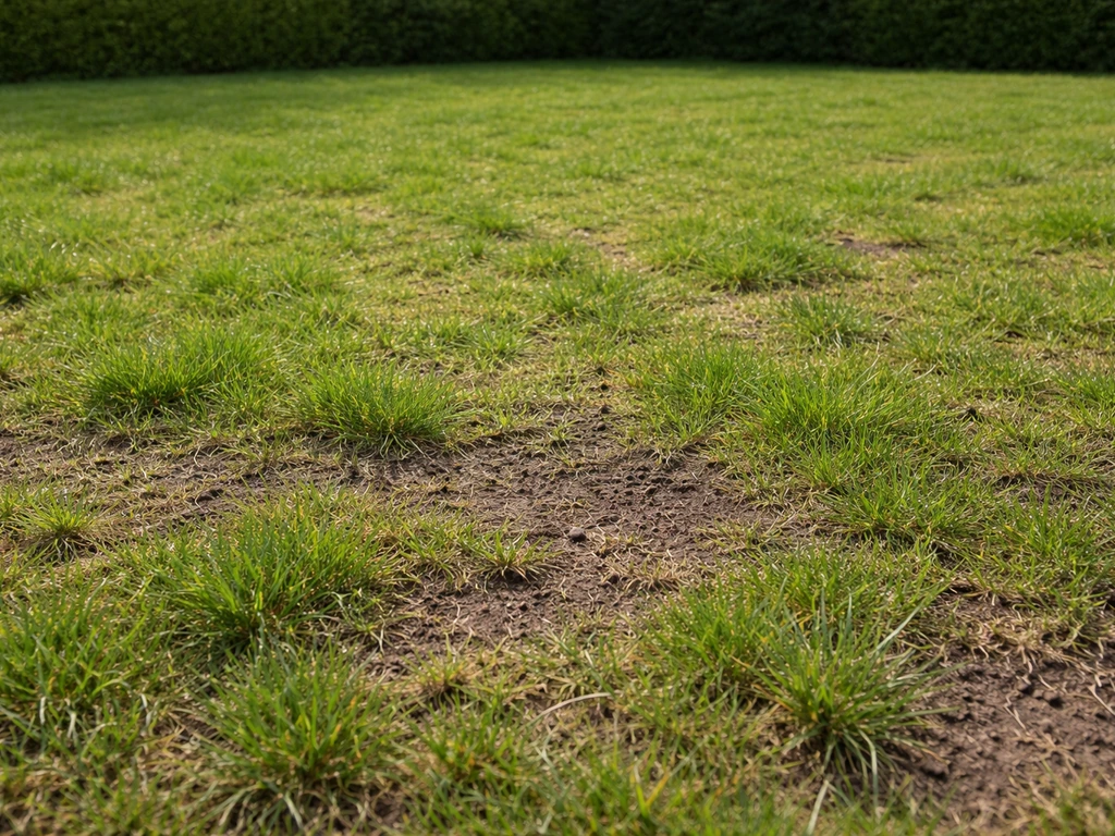 Nederlands gazon in het voorjaar met ongelijk en dun gras dat langzaam groeit, met kale plekken en lichte reflectie.