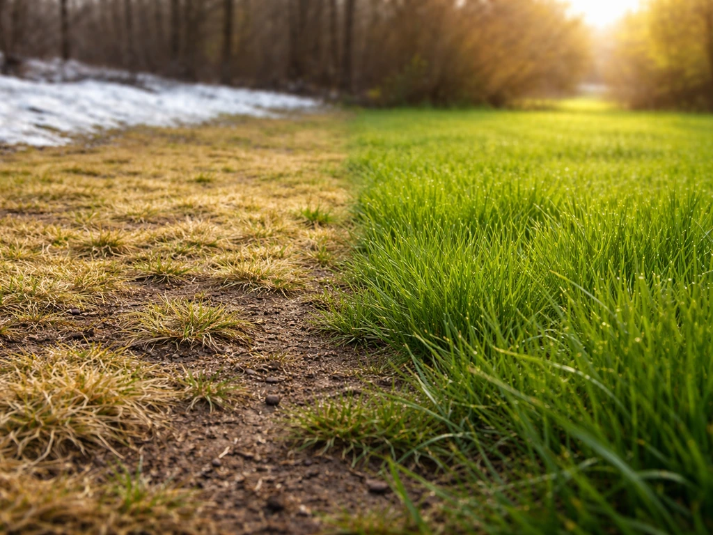 Twee gazonzones: links mager gras in vroege lente, rechts groener en sterker groeiend gras later in het seizoen.