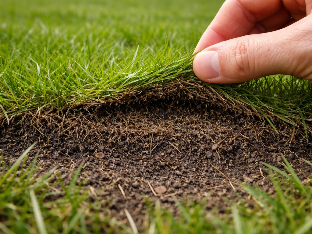Hand tilt een strook gras op; onder het groene tapijt is vilt en dood organisch materiaal zichtbaar