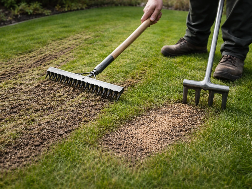 Tuinier brengt verticuteerhark en beluchtingsprikker aan en zaait nieuw gras op kale plekken