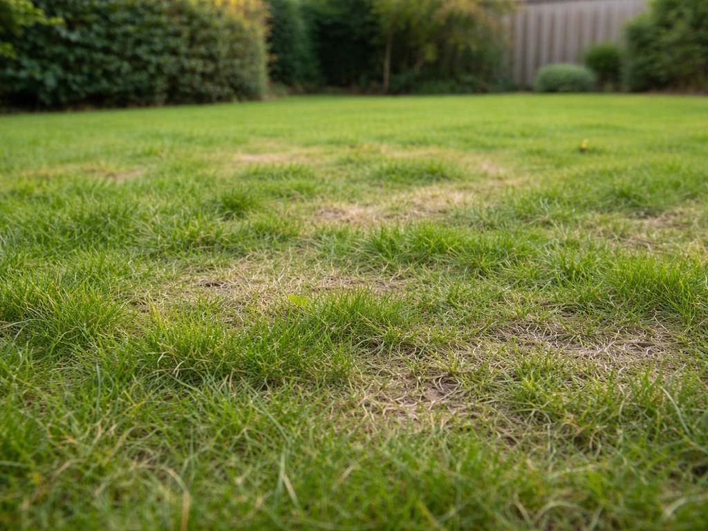 Nederlands tuingazon met duidelijke kale en verdunningsplekken waar het gras minder dicht groeit.