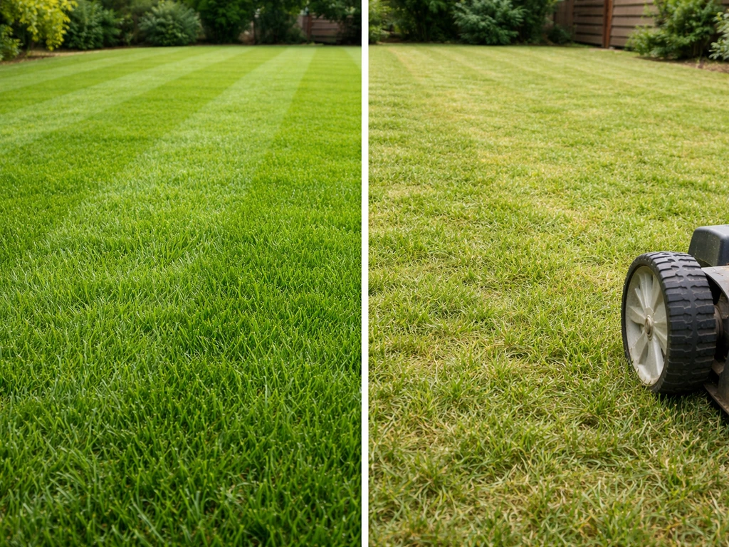 Voor en na: links maaihoogte 3–4 cm, rechts te kort gemaaid gras met verschil in herstelpotentieel.