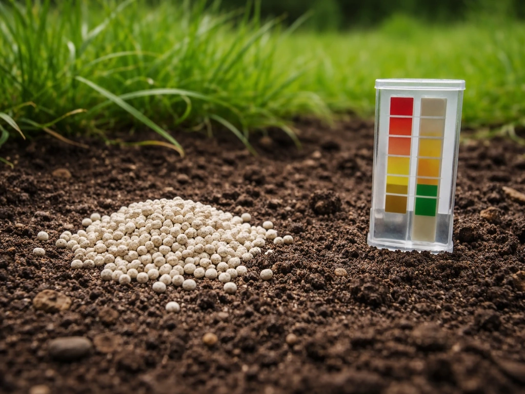 Cloze-up van kalkkorrels op tuingrond met een pH-testkit voor gras ernaast, in natuurlijk licht.