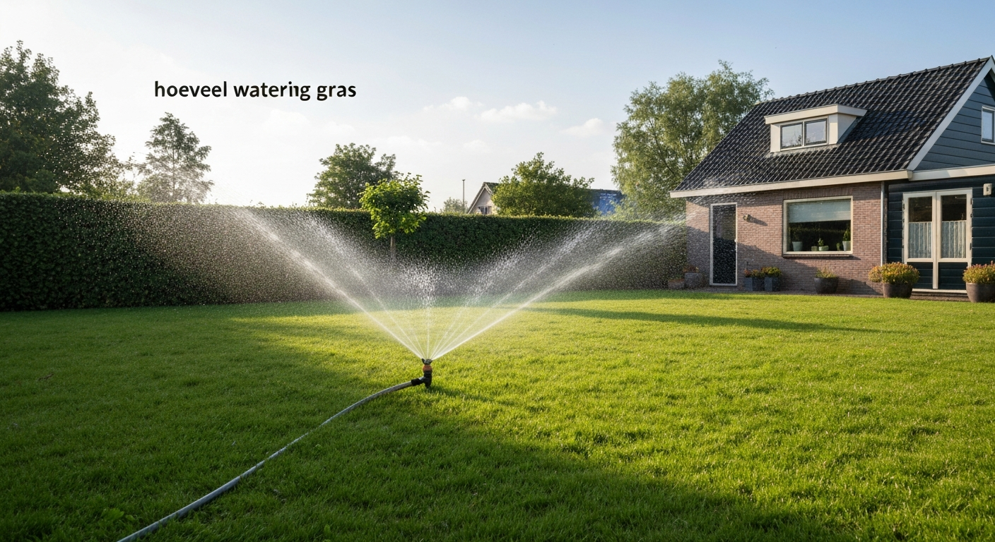 Gezond gazon in Nederlandse achtertuin dat vroeg in de ochtend besproeid wordt.