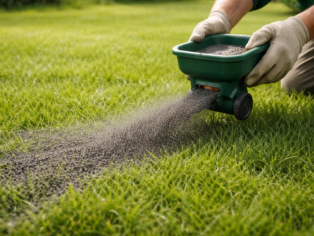 Groene gazon met zichtbare textuur, terwijl iemand lavameel voor gras net over het gras strooit