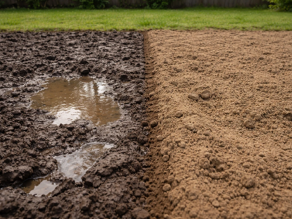 Twee stukken tuinbodem: natte zware kleiplek met plassen tegenover drogere, beter doorlatende grond