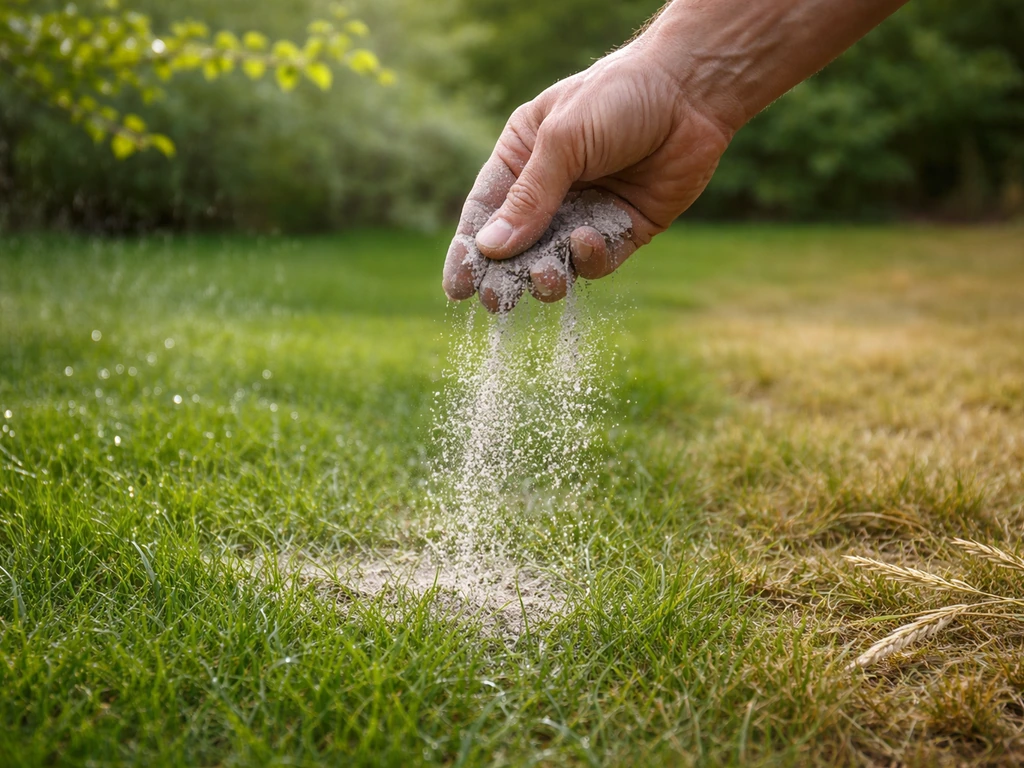 Groen gazon met regendruppels en een hand met strooier; voorjaar en najaar gesuggereerd zonder tekst.