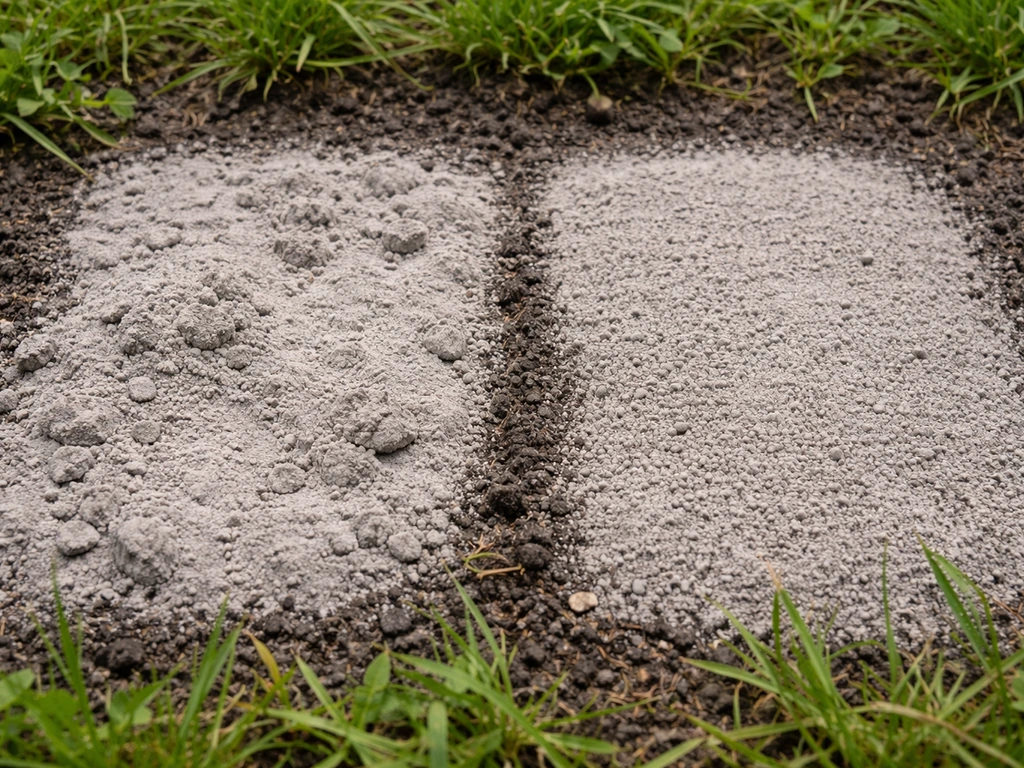 Close-up van gazon met links een korstige, te dikke lavameellaag en rechts een dunne, gelijkmatige laag.