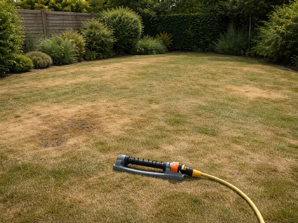 Nederlands gazon met slappe, blauwgrijze en deels bruine plekken naast een zichtbare beregeningsslang bij droogte