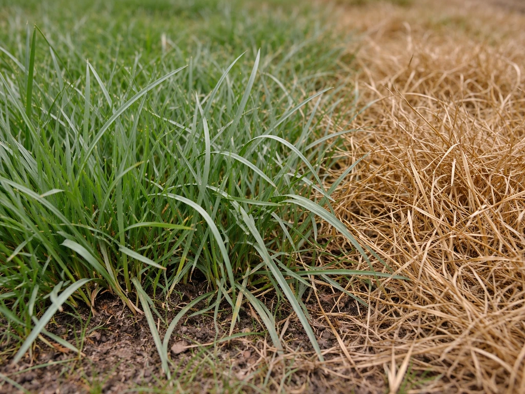 Close-up van Engels raaigras in blauwgrijze en bruine droogtefasen op een gazon zonder mensen