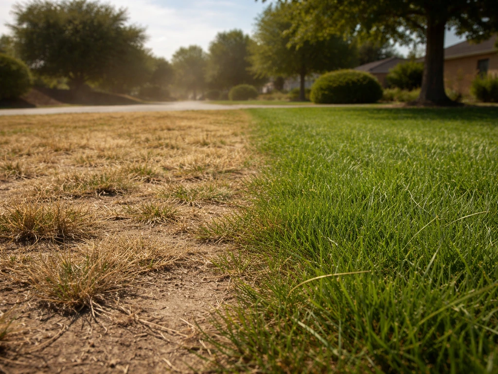 Warm, winderig gazon met stoffige waas: links verdroogd gras en rechts iets groener gras als contrast.