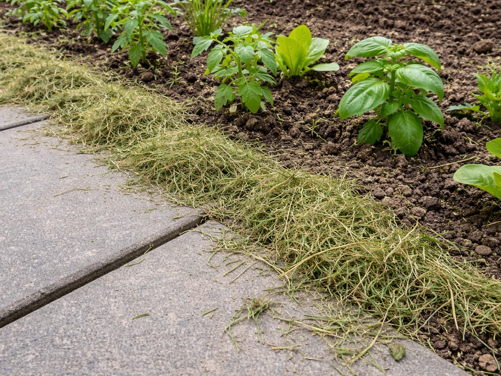 Gemaaid gras tussen jonge planten en langs tuin­tegelrand, duidelijk zichtbaar in een nette tuin.