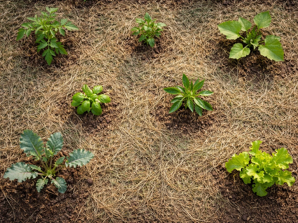 Bovenaanzicht van droog, kort gemaaid gras als dunne mulch rond planten in een tuinbed