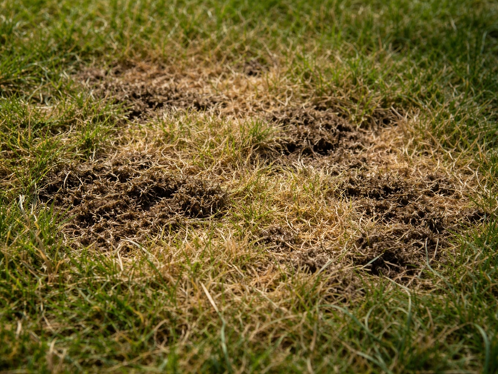 Geel/bruin gras met verdichte grasmat waar vers maaisel op is blijven liggen