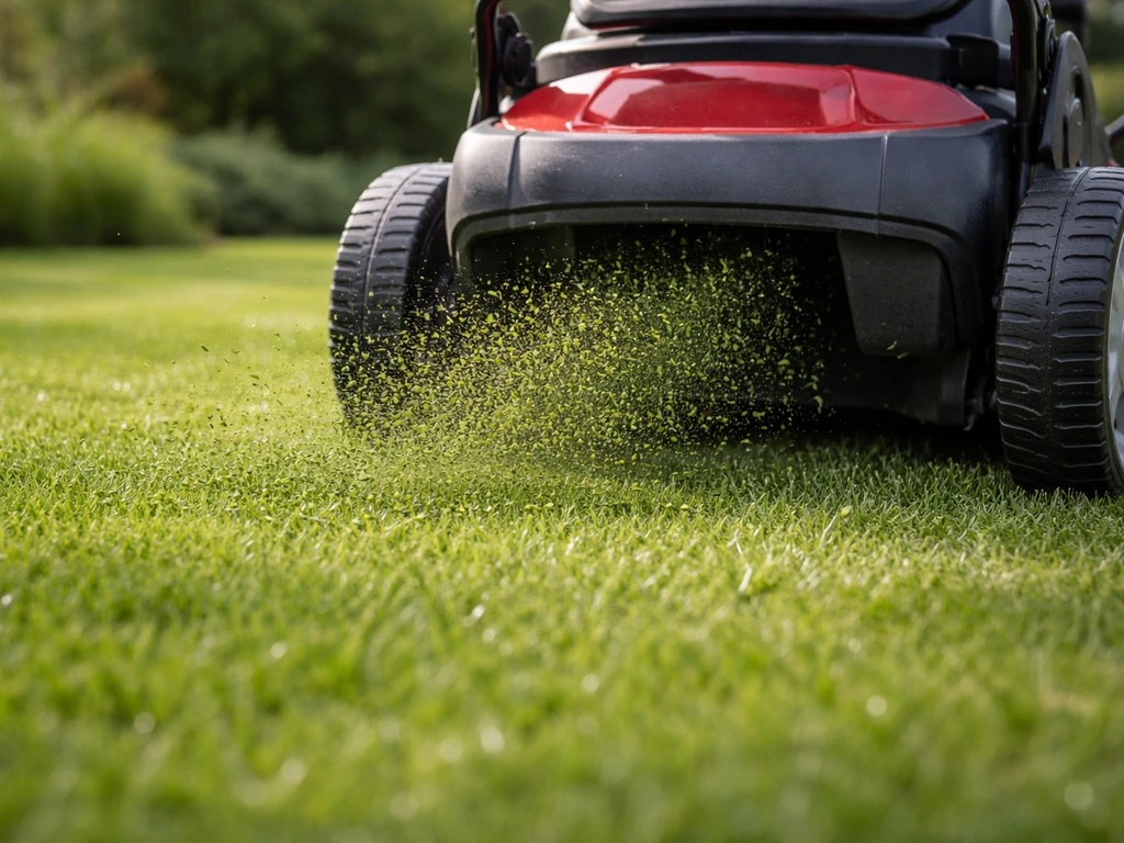 Mulchmaaier die fijne grassnippers uitwerpt op een groen gazon.