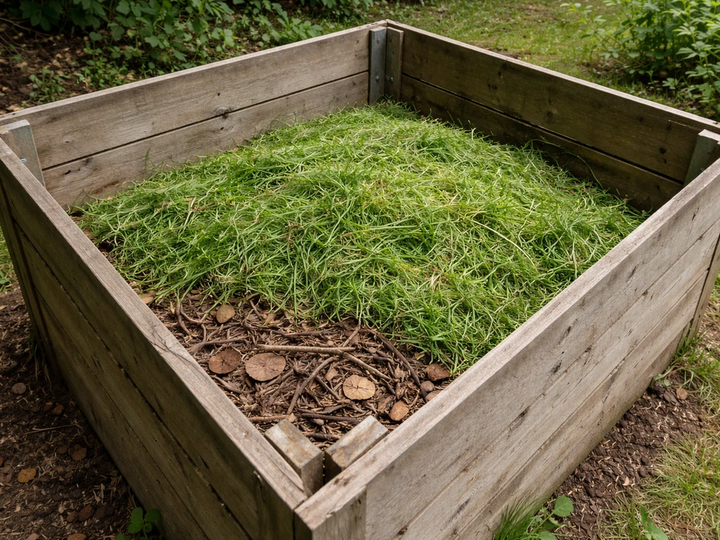 Compostbak met laagjes grasmaaisel (groen) en bruin droog blad, laagopbouw en natuurlijke texturen.