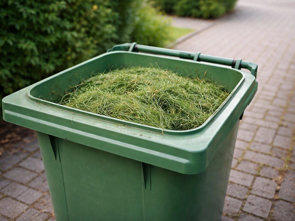 Groene groencontainer met maaisel en grasresten op een oprit in Nederland, klaar voor afvoer.