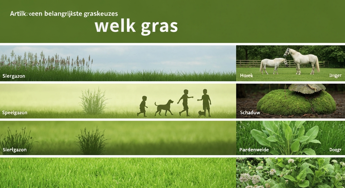 Overzicht van een Nederlandse tuin verdeeld in stroken: strak siergazon, speelgazon, schaduwhoek en paardenweide, elk met een kort Nederlands label.
