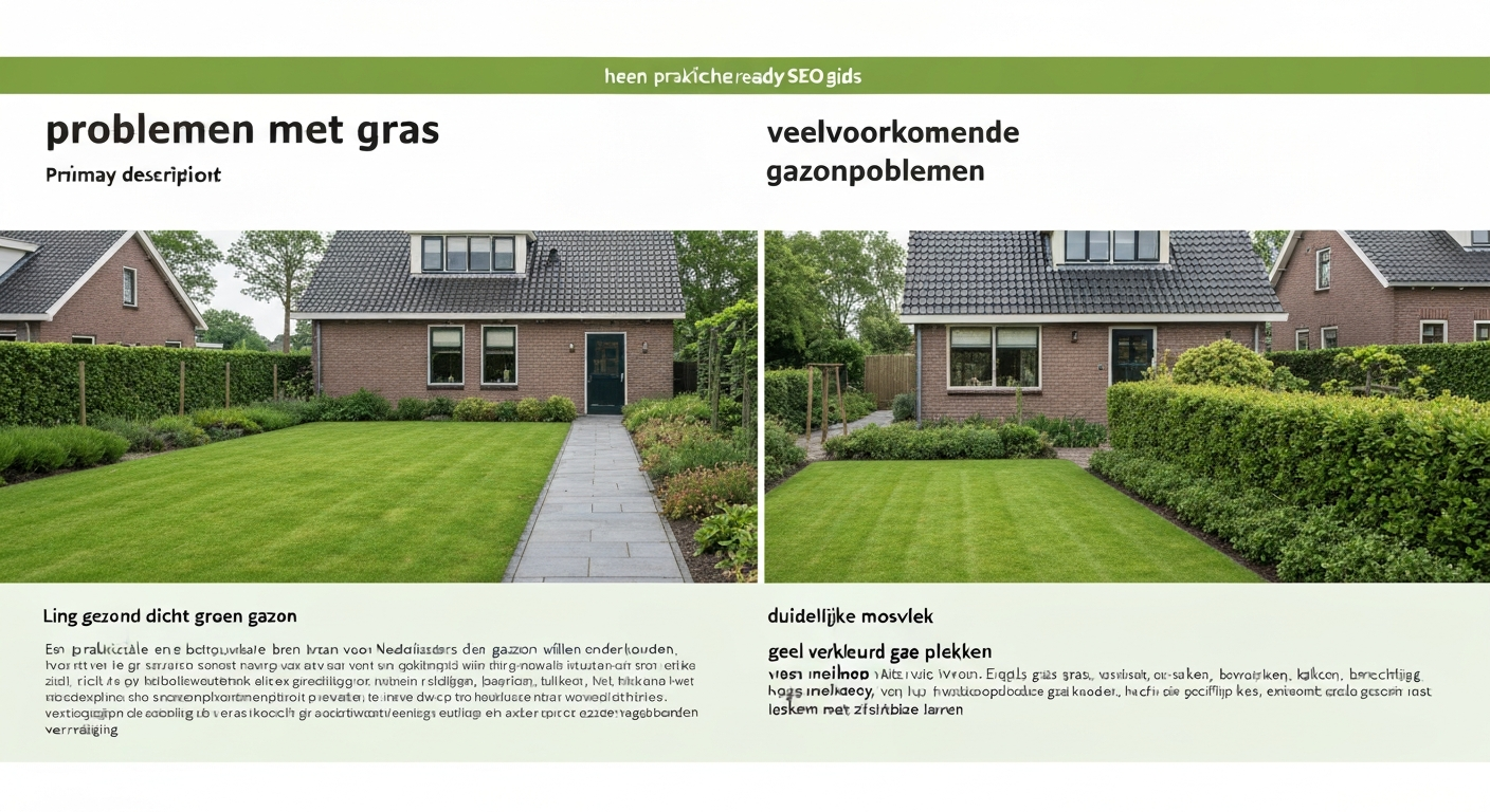 Split-view van een Nederlandse achtertuin: links gezond groen gazon, rechts voorbeelden van problemen (mos, geel gras, kale plekken, molshoop, loskomende zode).