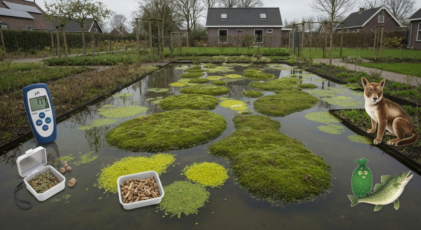 Gazon met mos en gele plekken; op de voorgrond pH-meter, zak gazonkalk, hark en emmer met grondmonsters in een Nederlandse achtertuin.