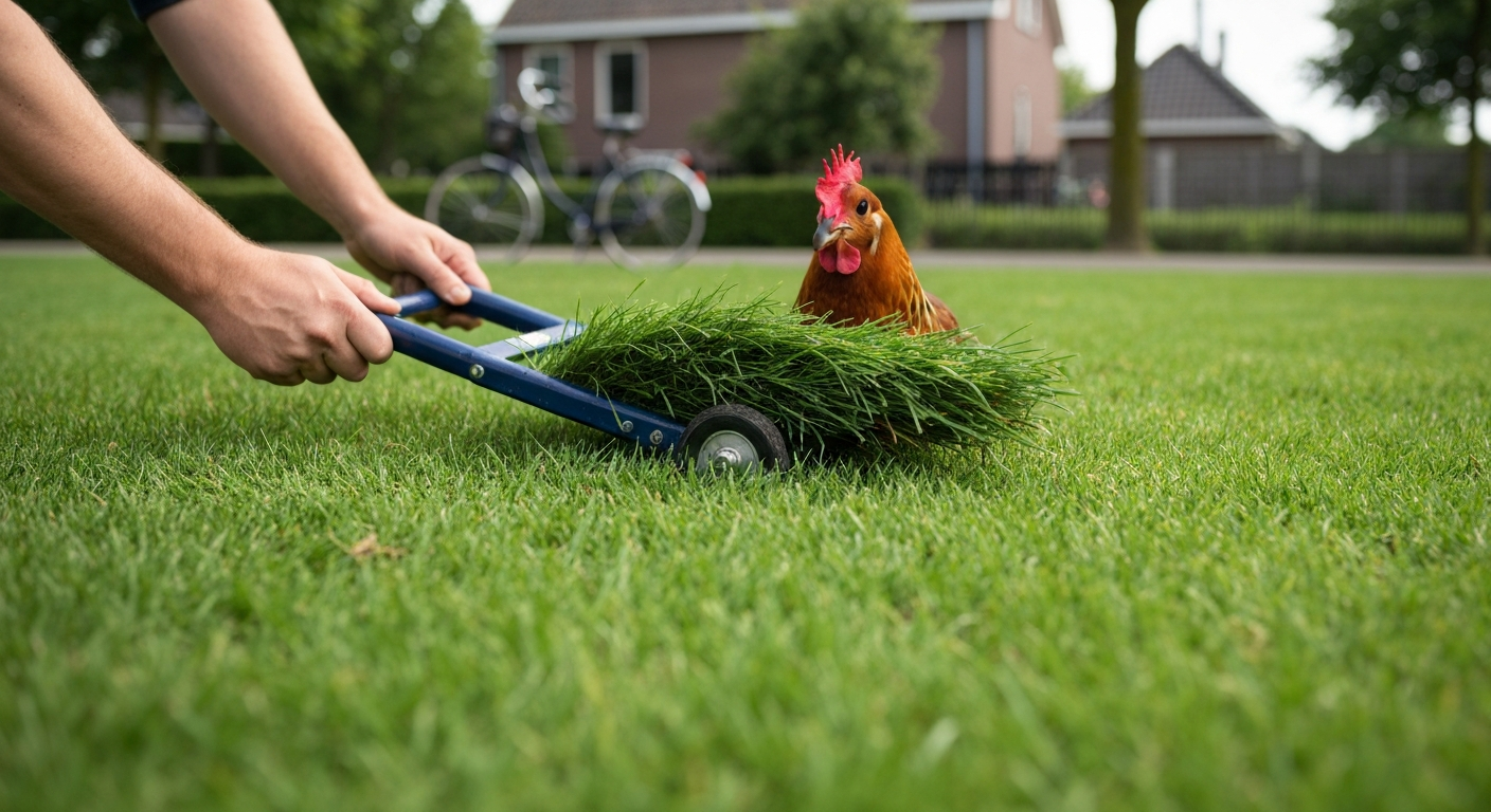 Gezond Nederlands gazon waar mestkorrels met een strooiwagen worden aangebracht.