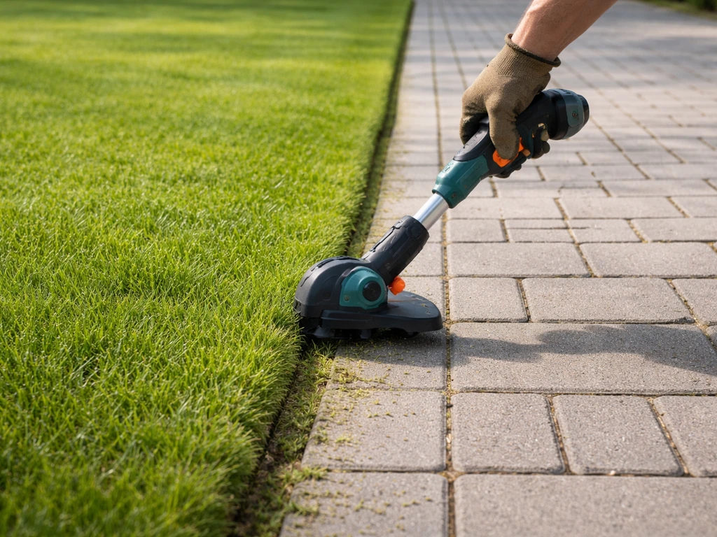 Tuinier maait en snijdt de zijkant van het gras voor een strakke rand langs een oprit, met kantensnijder-trimmer.