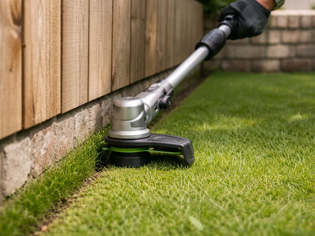 Accutrimmer werkt een strakke grasrand langs schutting en muur, met veilige afstand om schuren te voorkomen.