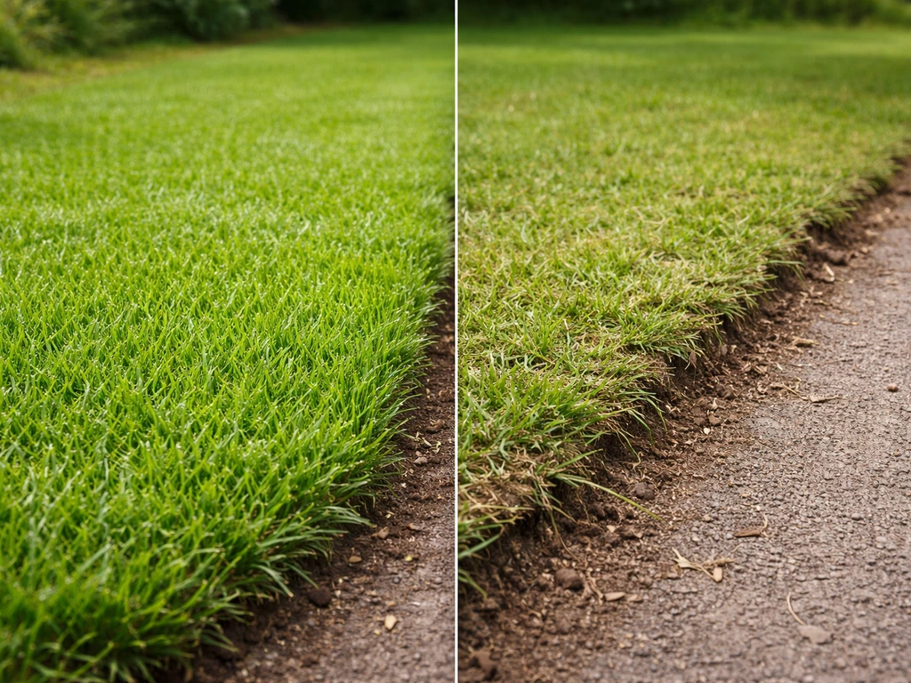 Links grasrand op juiste snijhoogte, rechts rafelige rand door te laag snijden langs het gazonpad.