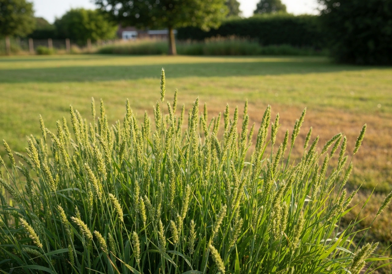 Verzorgd gazon met fris groen veldbeemdgras en subtiele seizoenskleuren in de tuin, bij natuurlijk licht.