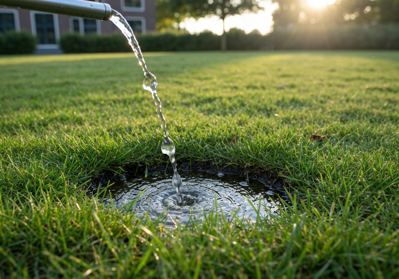 Vroeg in de ochtend besproeiing van een gazon met een sproeier en duidelijk waterpatroon op het gras.