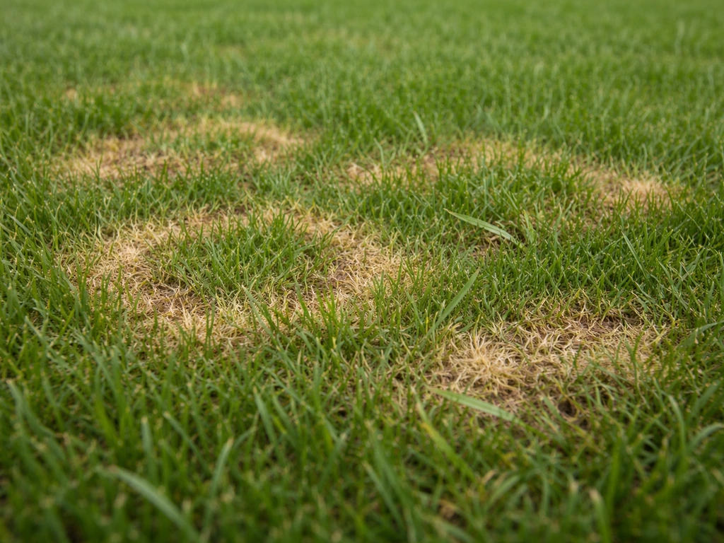 Close-up van veldbeemdgras met duidelijke bruinige en vlekkerige schimmelplekken op de grasmat.