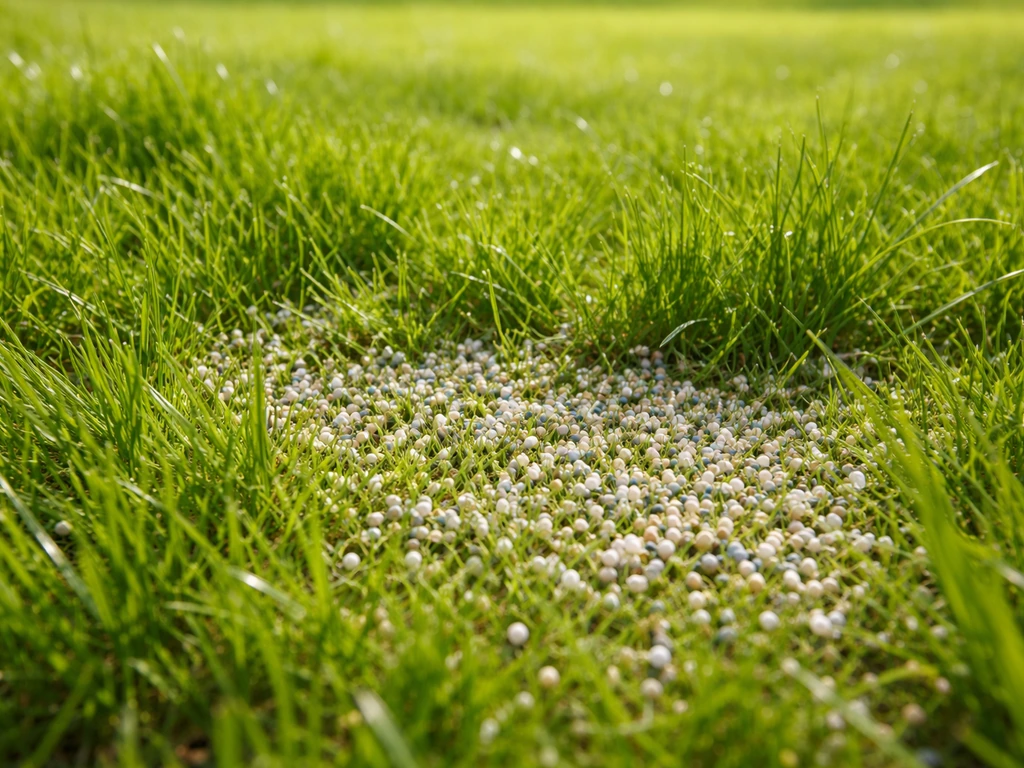 Vers gestrooid gazonmest op groen gras in de vroege lente, met een subtiel effect van groeikracht.