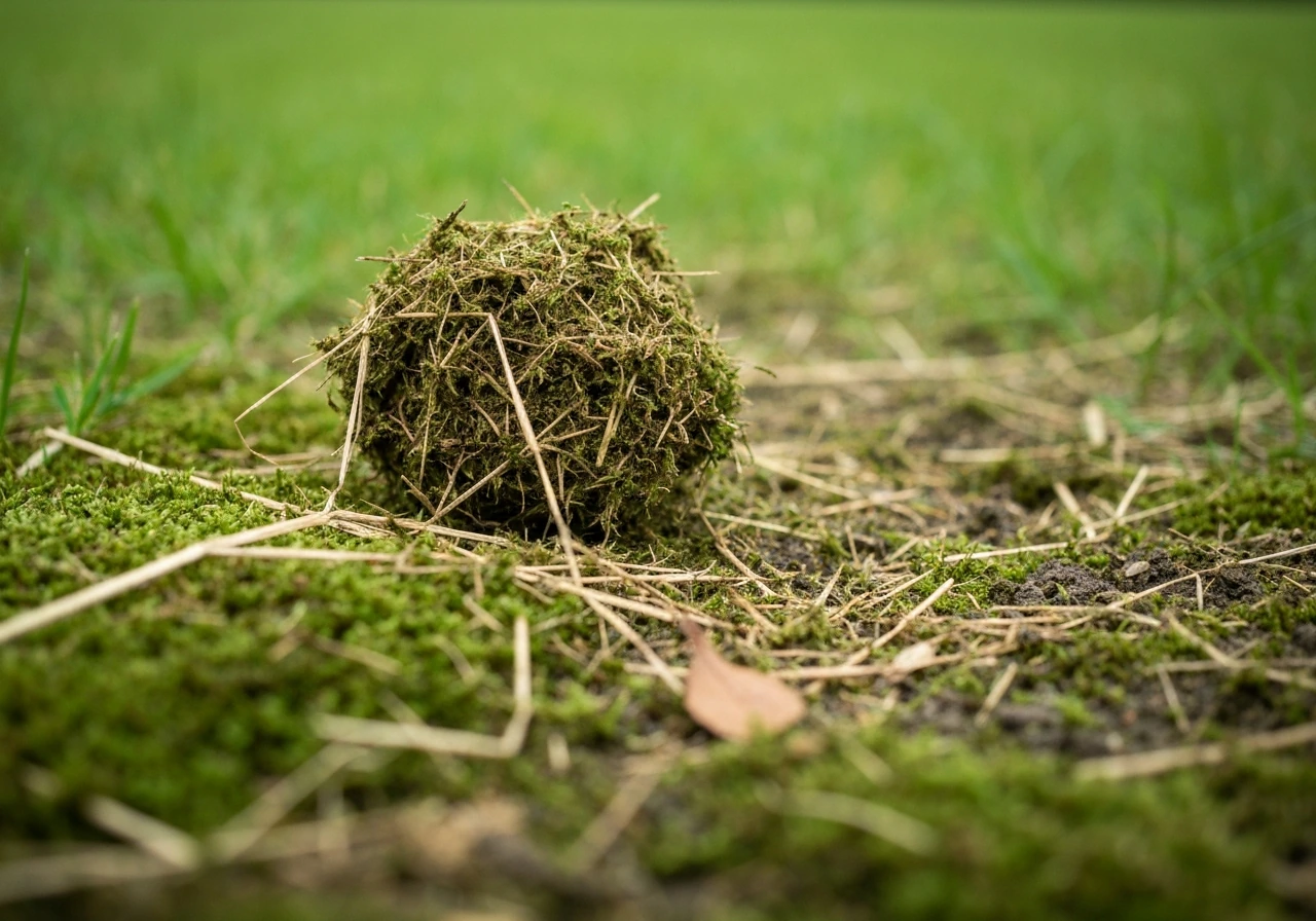 Close-up van een grasmaaier die los vilt, mos en dood gras opvangt na het verticuteren.