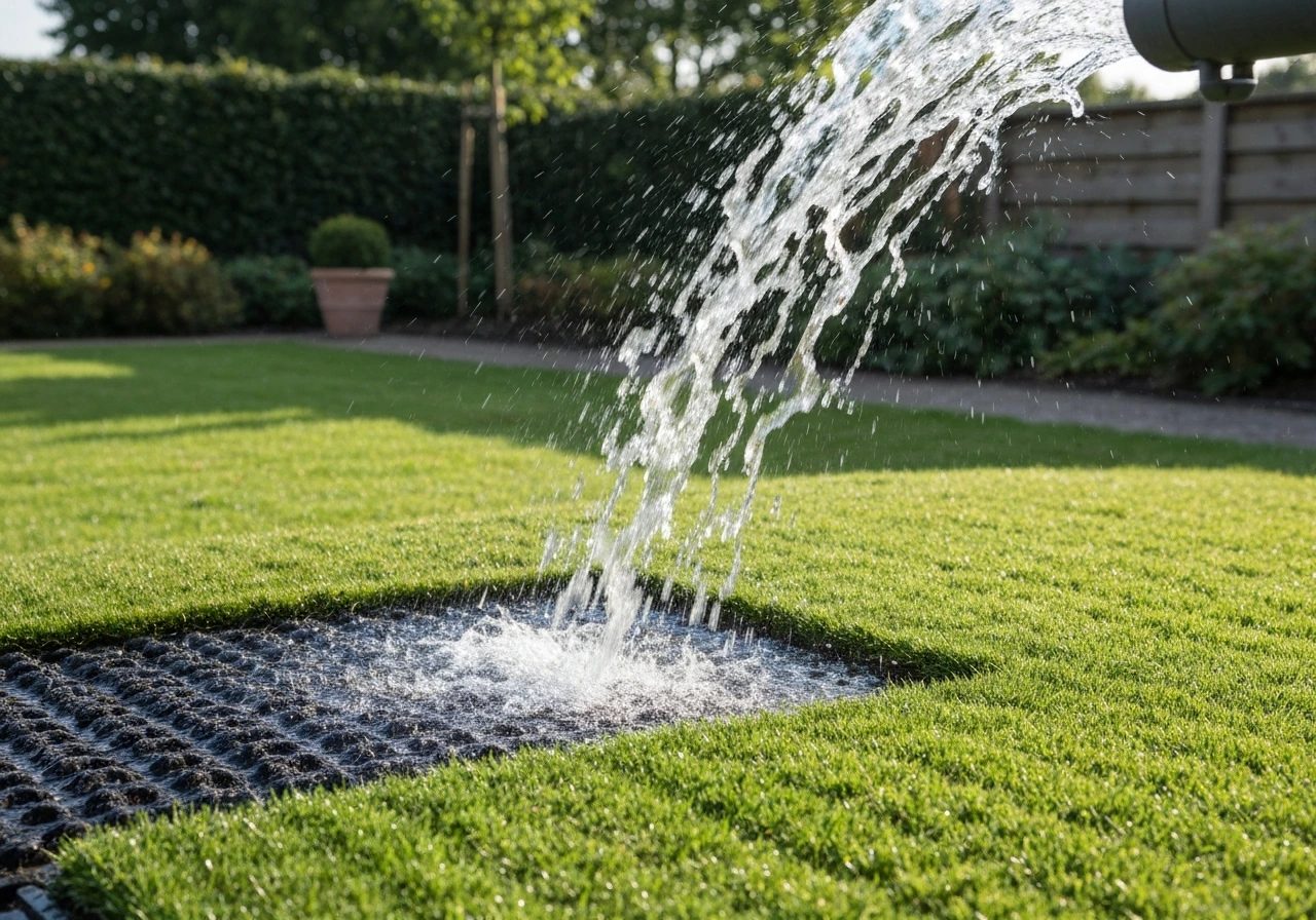 Beregening van een net verticuteerd gazon: water stroomt gelijkmatig over het gras, zonder mensen.