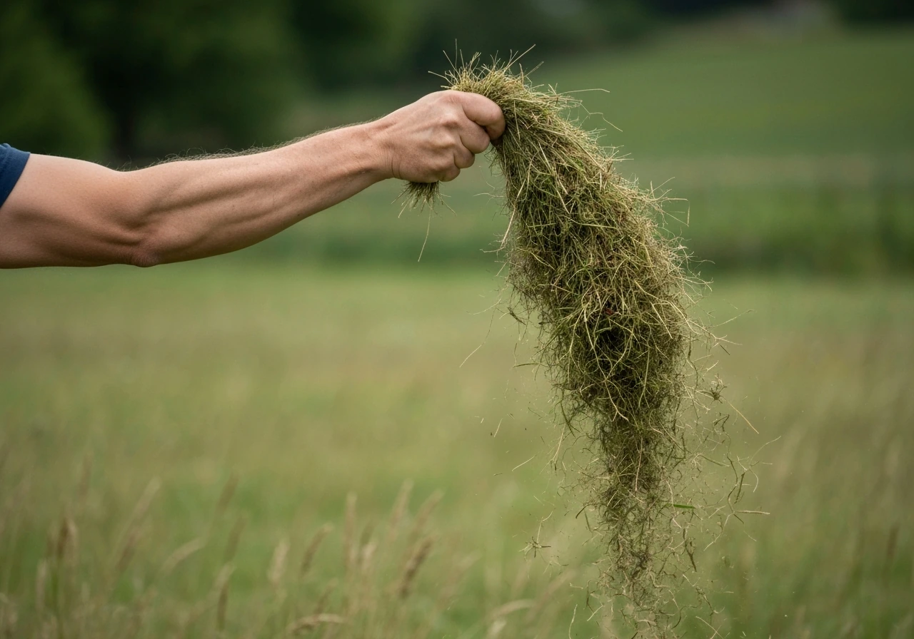 Hand of handzaaier strooit graszaad uit over kale, verticuteerde plekken in een gazon.