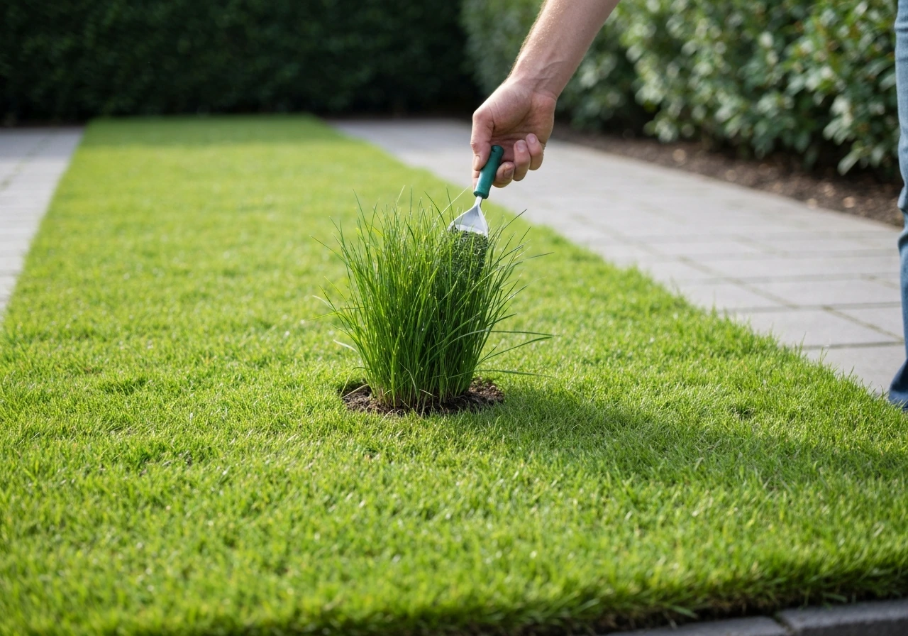Gazon met 5–7 cm nieuw aangroeiend gras dat wordt gemaaid met een grasmaaier na verticuteren.
