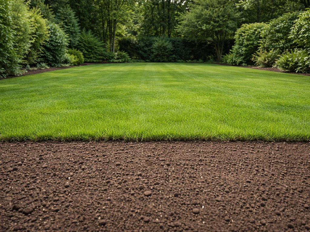 Strak aangelegd Nederlands gazon met overgang van bewerkte grond naar nieuw gras, in natuurlijk daglicht.