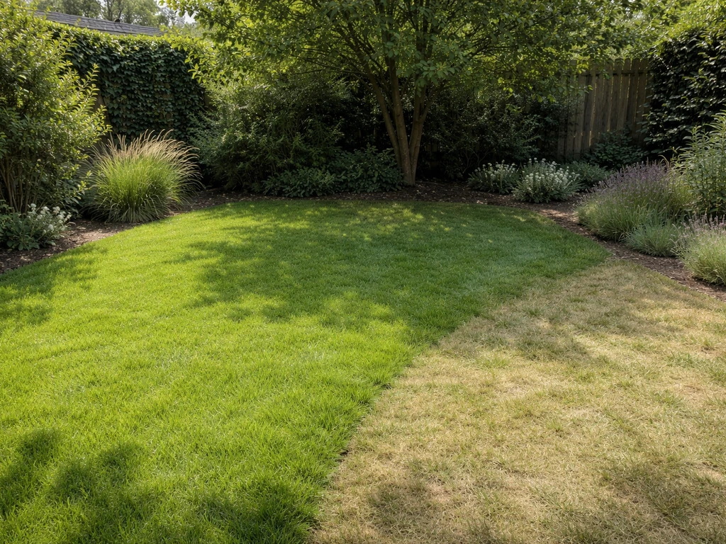 Drie aparte tuinhoeken met verschillende grasmatten: speelplek in zon, schaduwplek en drogere hoek.