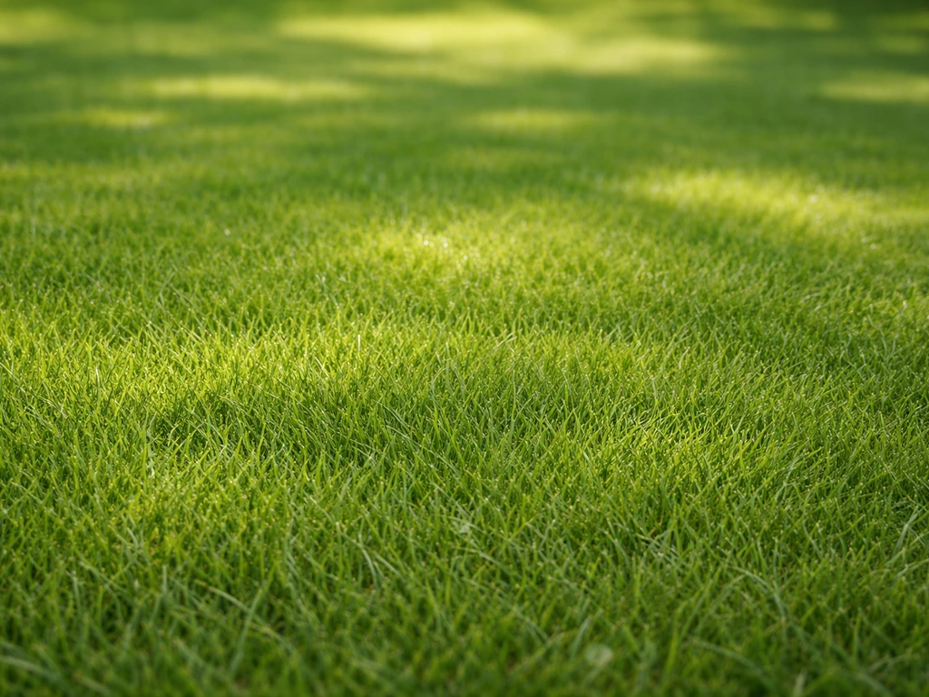 Close-up van een klassiek Engels gazon met fijne, egale grassprieten en subtiele zon- en schaduwsfeer.