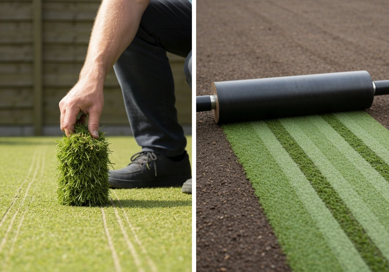 Links graszaad uitstrooien met strooier, rechts vers uitgerolde en aangedrukte rolzoden op kale grond.