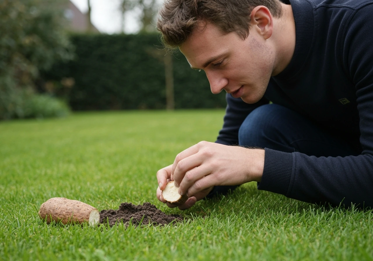 Verticuteren van een gazon: verticuteerhark snijdt vilt en mos los voor betere grasgroei.