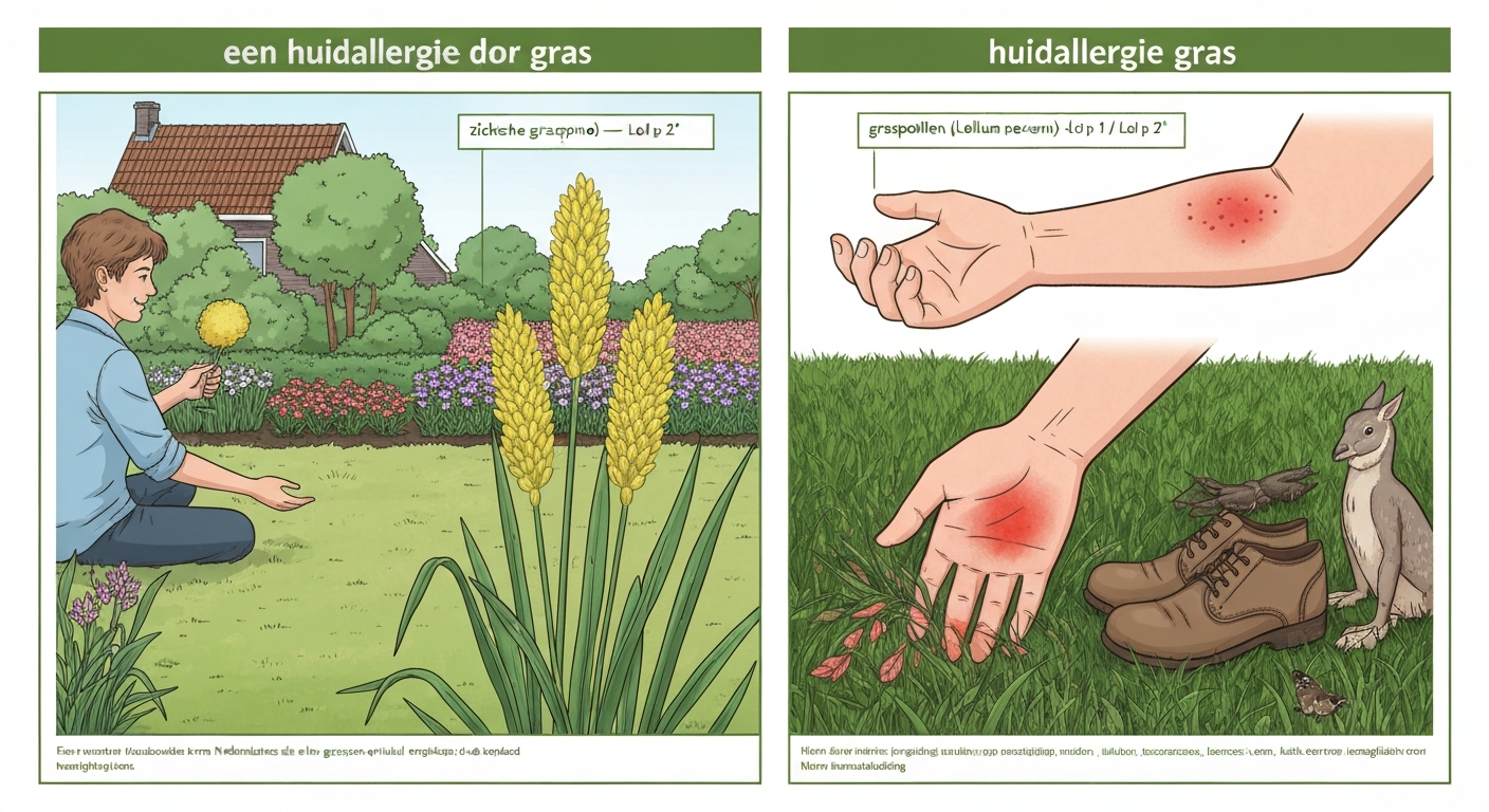 Split-screen illustratie: links iemand die niest door graspollen in een Nederlandse tuin, rechts een onderarm met scherp afgebakende rode plek na contact met gras.